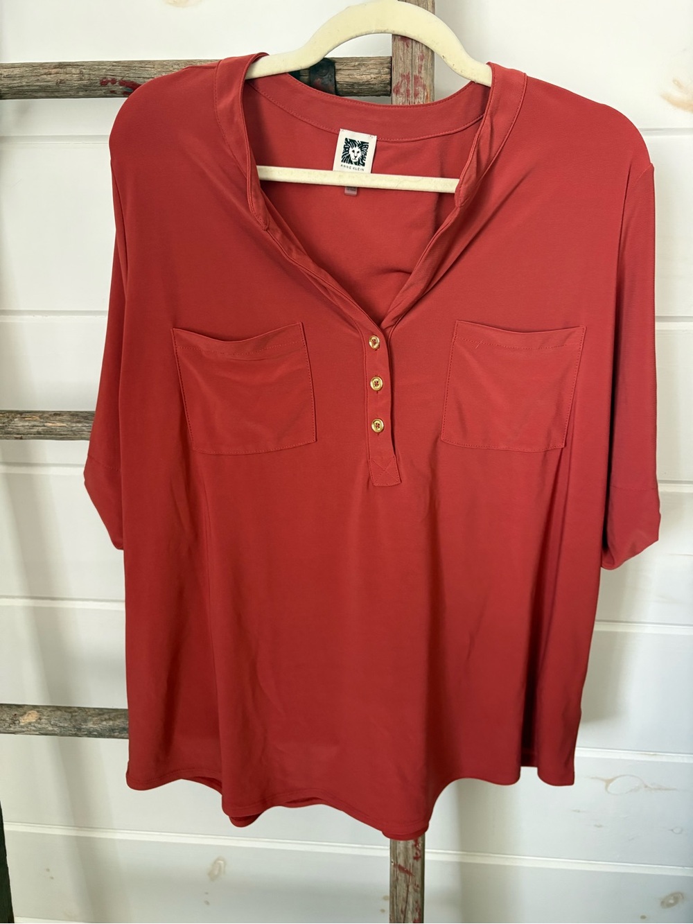 Anne Klein Rust Red Short Sleeve Henley Pocket Tee